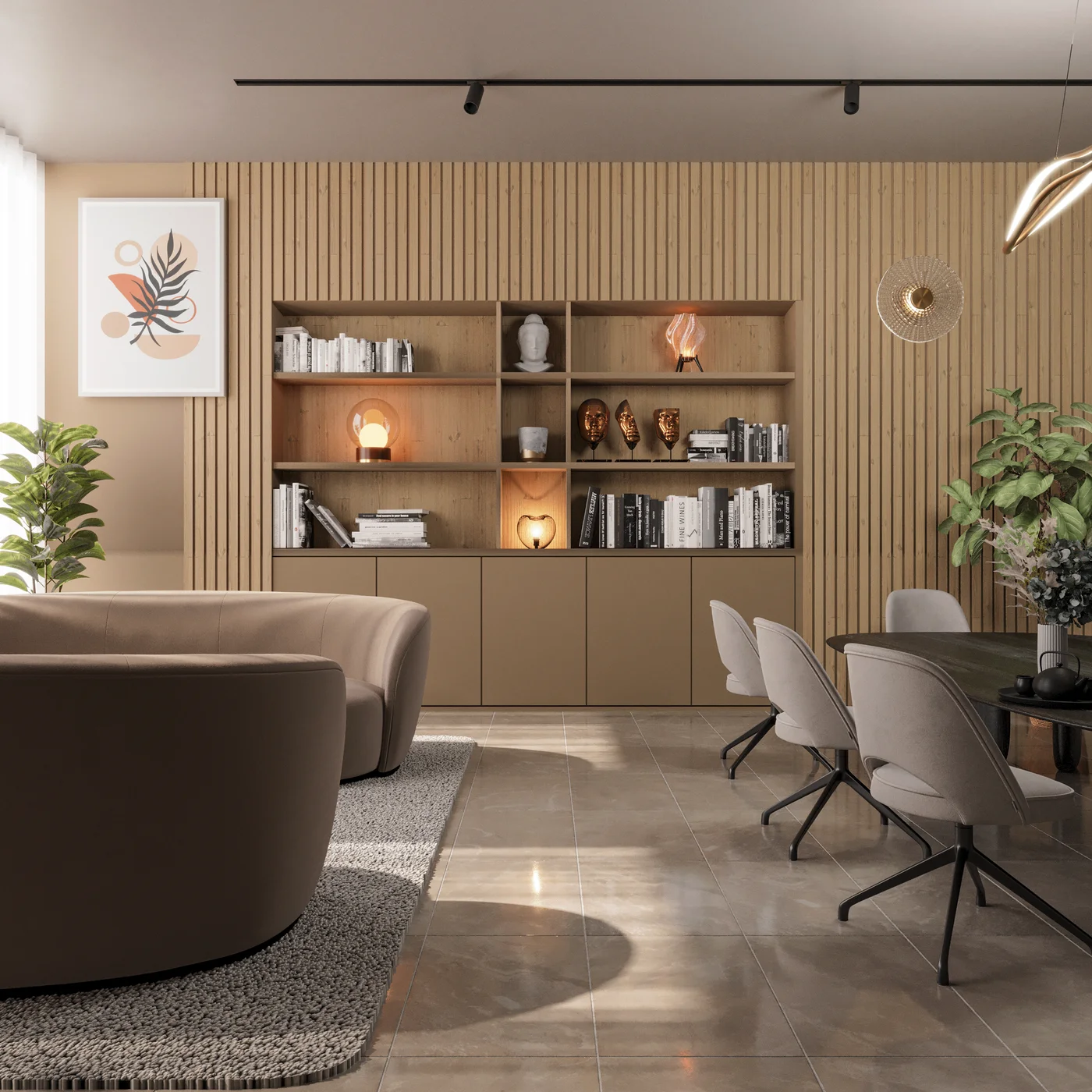 Modern lounge and dining interior with carefully composed furnishings and lighting