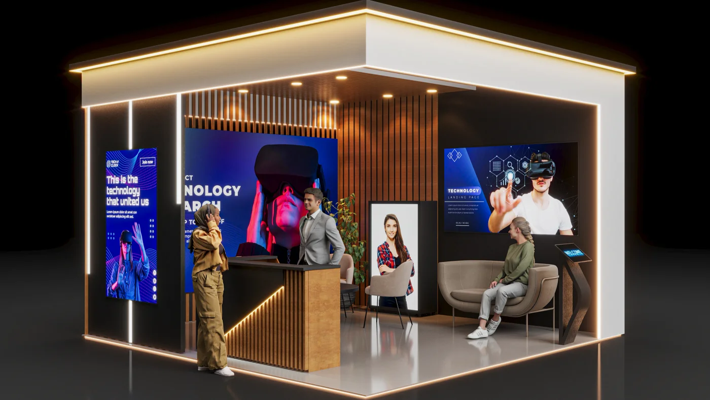 Branded exhibition stand visualized in a trade show setting