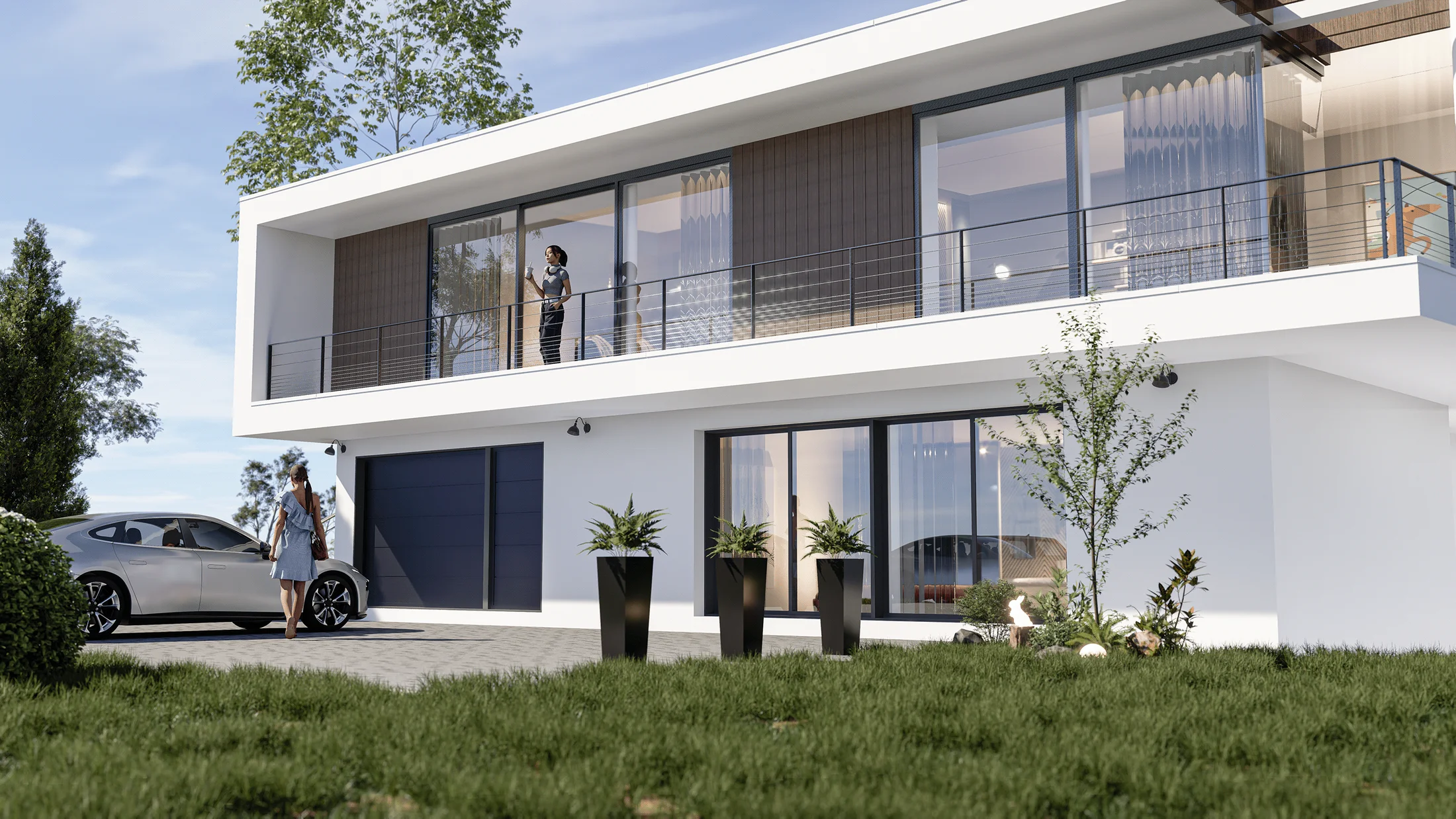 Contemporary white residence framed by mature trees and landscaped gardens